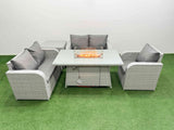 Fimous High Back Poly Rattan Garden Furniture Set with Reclining Chair Loveseat Sofa Firepit Dining Table Indoor Outdoor Patio  Set Side Table Light Grey