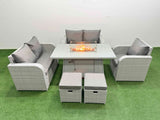 Fimous High Back Poly Rattan Garden Furniture Set with Reclining Chair Loveseat Sofa Firepit Dining Table Indoor Outdoor Patio  Set 2 Stool Light Grey