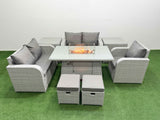 Fimous High Back Poly Rattan Garden Furniture Set with Reclining Chair Loveseat Sofa Firepit Dining Table Indoor Outdoor Patio  Set 2 Stool 2 Side Table Light Grey