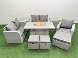 Fimous High Back Poly Rattan Garden Furniture Set with Reclining Chair Loveseat Sofa Firepit Dining Table Indoor Outdoor Patio  Set 3 Stools 2 Side Table Light Grey