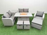 Fimous High Back Poly Rattan Garden Furniture Set with Reclining Chair Loveseat Sofa Firepit Dining Table Indoor Outdoor Patio  Set 3 Stools Side Table Light Grey