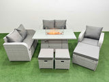 Fimous High Back Poly Rattan Garden Furniture Set with Reclining Chair Loveseat Sofa Firepit Dining Table Indoor Outdoor Patio  Set 3 Stools Light Grey
