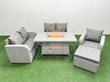 Fimous High Back Poly Rattan Garden Furniture Set with Reclining Chair Loveseat Sofa Firepit Dining Table Indoor Outdoor Patio  Set Big Stool Light Grey