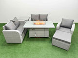 Fimous High Back Poly Rattan Garden Furniture Set with Reclining Chair Loveseat Sofa Firepit Dining Table Indoor Outdoor Patio  Set Big Stool Side Table Light Grey
