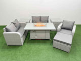 Fimous High Back Poly Rattan Garden Furniture Set with Reclining Chair Loveseat Sofa Firepit Dining Table Indoor Outdoor Patio  Set Big Stool 2 Side Table Light Grey