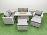 Fimous High Back Poly Rattan Garden Furniture Set with Reclining Chair Loveseat Sofa Firepit Dining Table Indoor Outdoor Patio  Set 2 Big Stool 2 Side Table Light Grey