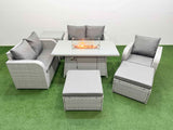 Fimous High Back Poly Rattan Garden Furniture Set with Reclining Chair Loveseat Sofa Firepit Dining Table Indoor Outdoor Patio  Set 2 Big Stool Side Table Light Grey