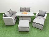 Fimous High Back Poly Rattan Garden Furniture Set with Reclining Chair Loveseat Sofa Firepit Dining Table Indoor Outdoor Patio  Set 2 Big Stool Light Grey