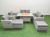Fimous 8 Seater Outdoor Reclining Chair Love Sofa Set Rattan Garden Furniture Set with Firepit Dining Table 2 Big FootStools  Side Table Light Grey