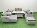 Fimous 8 Seater Outdoor Reclining Chair Love Sofa Set Rattan Garden Furniture Set with Firepit Dining Table 2 Big FootStools  2 Side Table Light Grey