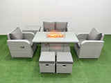 Fimous Light Grey PE Wicker Rattan Garden Furniture Set Sofa Set Reclining Chair Firepit Dining Table 6 Seater 2 Small Stools Side Table