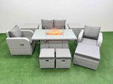 Fimous Light Grey PE Wicker Rattan Garden Furniture Set Sofa Set Reclining Chair Firepit Dining Table 7 Seater 3  Stools 2 Side Table