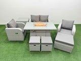 Fimous Light Grey PE Wicker Rattan Garden Furniture Set Sofa Set Reclining Chair Firepit Dining Table 7 Seater 3  Stools Side Table