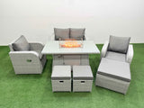 Fimous Light Grey PE Wicker Rattan Garden Furniture Set Sofa Set Reclining Chair Firepit Dining Table 7 Seater 3  Stools