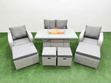 Fimous PE Rattan Lounge Sofa Set 8 Seater Outdoor Garden Furniture Set with Gas Firepit Table Love Sofa 2 Big Footstools 2 Small Footstools Light Grey