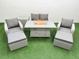 Fimous Light Grey PE Wicker Rattan Garden Furniture Set Sofa Set Reclining Chair Firepit Dining Table 6 Seater 2 Big Stools Side Table