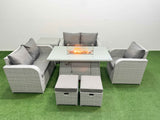 Fimous High Back Poly Rattan Garden Furniture Set with Reclining Chair Loveseat Sofa Firepit Dining Table Indoor Outdoor Patio  Set 2 Stool Side Table Light Grey