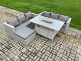 Fimous Garden Dining Sets Outdoor Rattan Furniture Gas Fire Pit Dining Table Gas Heater with Big Footstool Light Grey