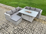 Fimous Garden Dining Sets Outdoor Rattan Furniture Gas Fire Pit Dining Table Gas Heater with Big Footstool Light Grey