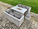 Fimous Garden Dining Sets Outdoor PE Rattan Furniture Gas Fire Pit Dining Table Gas Heater with 2 Small Footstool Light Grey