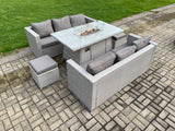 Fimous Garden Dining Sets Outdoor PE Rattan Furniture Gas Fire Pit Dining Table Gas Heater with 2 Small Footstool Light Grey
