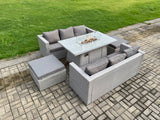 Fimous 8 Seater Garden Dining Sets Outdoor Rattan Furniture Gas Fire Pit Dining Table Gas Heater with 2 Big Footstools Light Grey