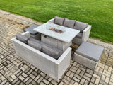 Fimous 8 Seater Garden Dining Sets Outdoor Rattan Furniture Gas Fire Pit Dining Table Gas Heater with 2 Big Footstools Light Grey