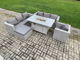 Fimous 8 Seater Outdoor Garden Dining Sets Rattan Furniture Gas Fire Pit Dining Table Gas Heater with Armchair Big Footstool Light Grey