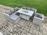 Fimous 8 Seater Outdoor Garden Dining Sets Rattan Furniture Gas Fire Pit Dining Table Gas Heater with Armchair Big Footstool Light Grey