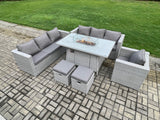 Fimous 9 Seater Outdoor Garden Dining Sets Rattan Furniture Gas Fire Pit Dining Table Gas Heater with Armchair 2 Small Footstools Light Grey