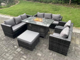 Fimous 9 Seater Outdoor PE Rattan Garden Furniture Set Gas Fire Pit Dining Table Gas Heater Burner With Sofa Armchairs Big Footstool Dark Grey Mixed