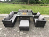 Fimous 9 Seater Outdoor PE Rattan Garden Furniture Set Gas Fire Pit Dining Table Gas Heater Burner With Sofa Armchairs Big Footstool Dark Grey Mixed