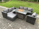 Fimous Outdoor Rattan Garden Furniture Sofa Set Gas Fire Pit Dining Table Gas Heater Burner With Armchair Big Footstool 8 Seater Dark Grey Mixed