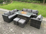 Fimous Rattan Garden Furniture Sofa Set Outdoor Patio Gas Fire Pit Dining Table Gas Heater Burner With Armchair 2 Small Stools 9 Seater Dark Grey Mixed