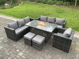 Fimous Rattan Garden Furniture Sofa Set Outdoor Patio Gas Fire Pit Dining Table Gas Heater Burner With Armchair 2 Small Stools 9 Seater Dark Grey Mixed