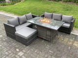 Fimous Outdoor Rattan Garden Furniture Sofa Set Gas Fire Pit Dining Table Gas Heater Burner With 3 Seater Sofa Big Footstool 7 Seater Dark Grey Mixed