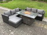 Fimous Outdoor Rattan Garden Furniture Sofa Set Gas Fire Pit Dining Table Gas Heater Burner With 3 Seater Sofa Big Footstool 7 Seater Dark Grey Mixed