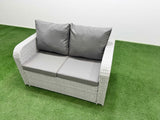 Fimous 6 Seater Outdoor Love Sofa Set Rattan Garden Furniture Set with Firepit Dining Table 2 Small Stools Light Grey