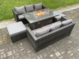 Fimous 8 Seater Outdoor Rattan Garden Furniture Sofa Set Gas Fire Pit Dining Table Gas Heater Burner With 3 Seater Sofa 2 Big Footstools Dark Grey Mixed