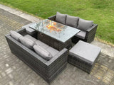 Fimous 8 Seater Outdoor Rattan Garden Furniture Sofa Set Gas Fire Pit Dining Table Gas Heater Burner With 3 Seater Sofa 2 Big Footstools Dark Grey Mixed