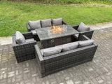 Fimous 8 Seater Rattan Garden Furniture Sofa Set Outdoor Patio Gas Fire Pit Dining Table Gas Heater Burner With 2 Armchairs Dark Grey Mixed