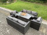 Fimous 8 Seater Rattan Garden Furniture Sofa Set Outdoor Patio Gas Fire Pit Dining Table Gas Heater Burner With 2 Armchairs Dark Grey Mixed