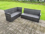 Fimous High Back Dark Mixed Grey Rattan Corner Sofa Set Outdoor Furniture Rectangular Dining Table 3 Small Footstools 9 Seater