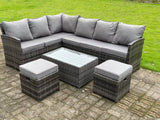 Fimous High Back Dark Mixed Grey Rattan Corner Sofa Set Outdoor Furniture Rectangular Coffee Table 2 Small Footstools 8 Seater