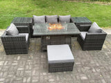 Fimous 6 Seater Outdoor PE Rattan Garden Furniture Set Gas Fire Pit Dining Table Gas Heater Burner With 2 Armchairs 2 Side Tables Big Footstool Dark Grey Mixed
