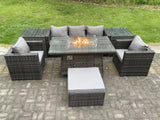 Fimous 6 Seater Outdoor PE Rattan Garden Furniture Set Gas Fire Pit Dining Table Gas Heater Burner With 2 Armchairs 2 Side Tables Big Footstool Dark Grey Mixed