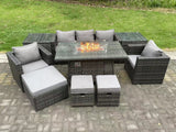 Fimous Wicker PE Rattan Garden Furniture Set Gas Fire Pit Dining Table Gas Heater Burner With 2 Armchairs 2 Side Tables Footstools 8 Seater Dark Grey Mixed