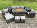 Fimous Wicker PE Rattan Garden Furniture Set Gas Fire Pit Dining Table Gas Heater Burner With 2 Armchairs 2 Side Tables Footstools 8 Seater Dark Grey Mixed
