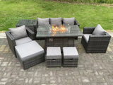 Fimous 8 Seater Wicker PE Rattan Garden Furniture Set Gas Fire Pit Dining Table Gas Heater Burner With 2 Armchairs Side Tables Footstools Dark Grey Mixed
