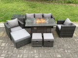 Fimous 8 Seater Wicker PE Rattan Garden Furniture Set Gas Fire Pit Dining Table Gas Heater Burner With 2 Armchairs Side Tables Footstools Dark Grey Mixed